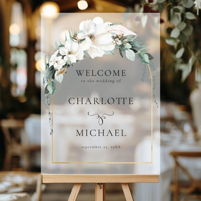 "WELCOME" LEAFY WEDD ACRYLSCHILD ("WELCOME" LEAFY WEDDING BLACK ACRYLIC SIGN with your names and date.)