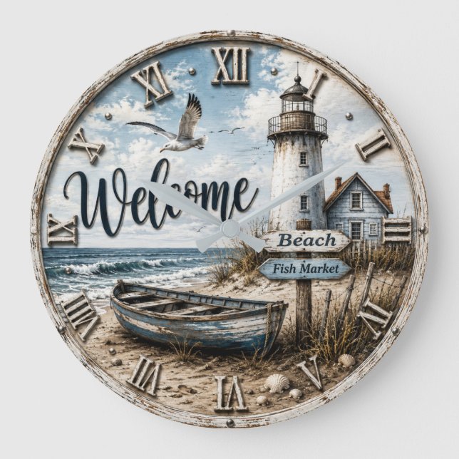 Welcome Lighthouse Coastal Nautical Beach House  Große Wanduhr (Vorderseite)