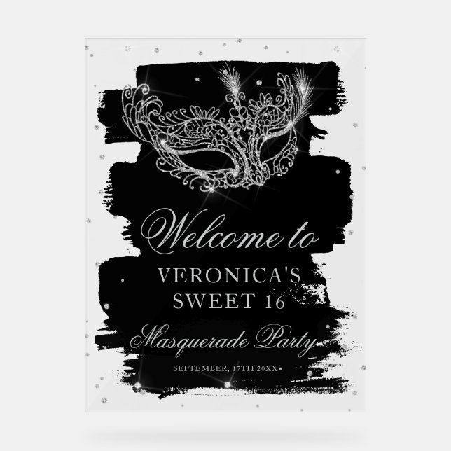 Welcome Masquerade black silver glitter Sweet 16 Acrylschild (Vorderseite)
