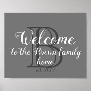 welcome monogram gray and white wall art poster
