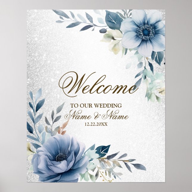 Welcome Party Dusty Blue Watercolor Blume Silver Poster (Vorne)