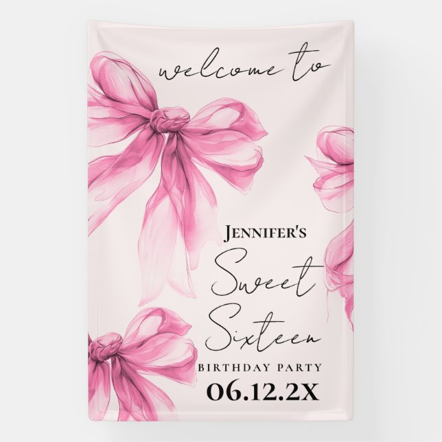 Welcome Pink Bow Coquette Script Sweet 16 Blush  Banner (Vertikal)