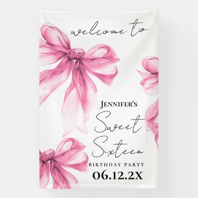 Welcome Pink Bow Coquette Script Sweet 16 Party Banner (Vertikal)