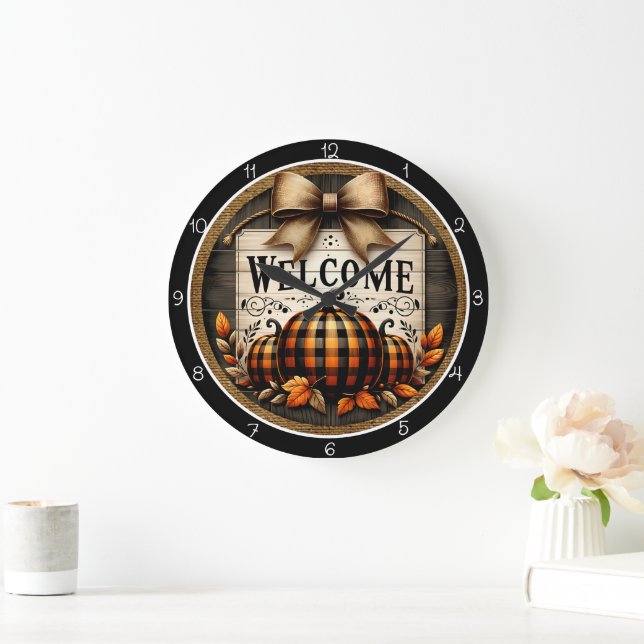 Welcome Plaid Pumpkins Große Wanduhr (Zuhause)