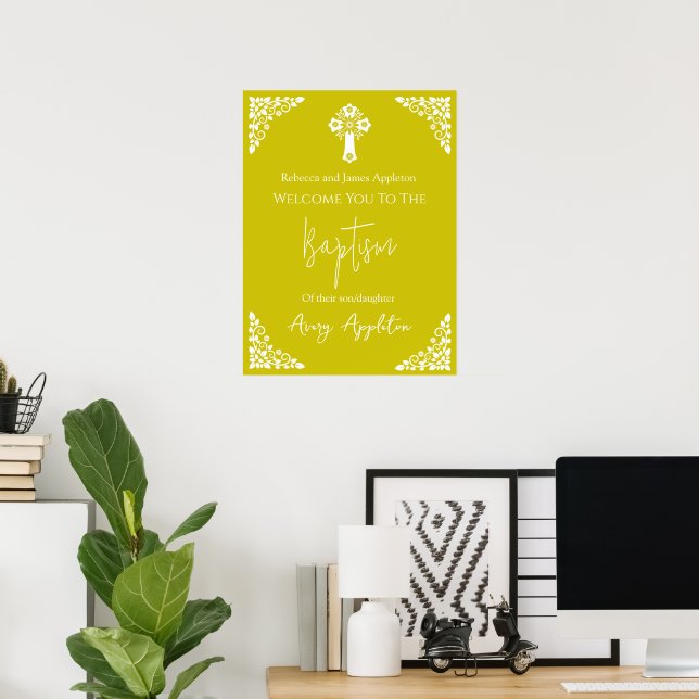 Welcome Poster Floral Cross Christening Yellow (Heimbüro)