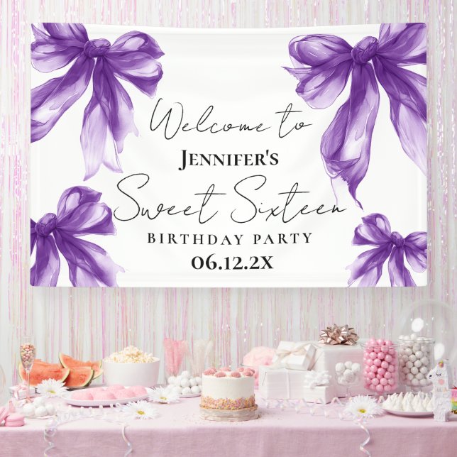 Welcome Purple Bow Coquette Script Sweet 16  Banner (Party)
