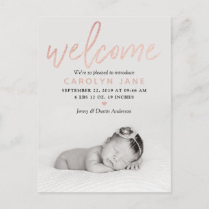 "Welcome" Rose Gold Foil Foto Geburtserklärung Ankündigungspostkarte