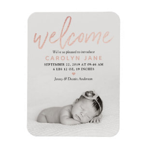 "Welcome" Rose Gold Foil Foto Geburtserklärung Magnet