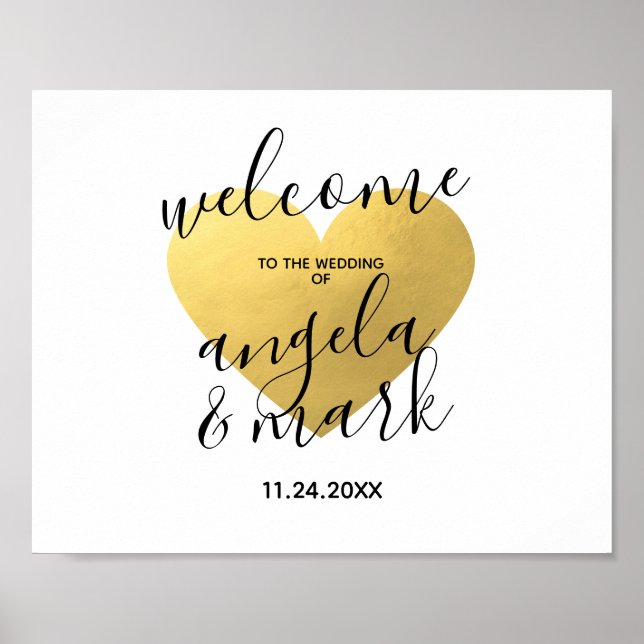 WELCOME Sign Wedding Gold Heart White Poster (Vorne)