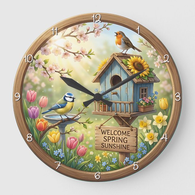 Welcome Spring Sunshine Birdhouse Große Wanduhr (Vorderseite)