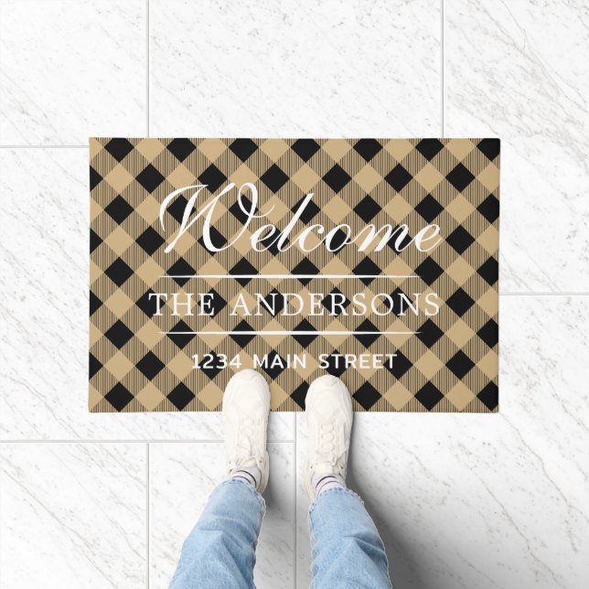 Welcome Tan Kariert Pattern Personalisierte Famili Fußmatte (Indoor)