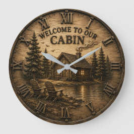  Welcome to Our Cabin Rustic Lake House Große Wanduhr