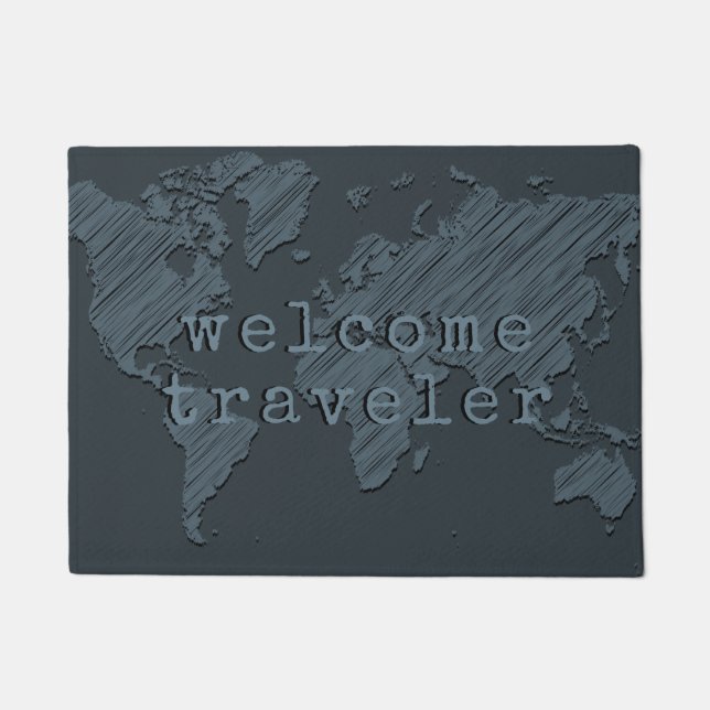 Welcome Traveller World Map Dark Gray Fußmatte (Vorderseite)