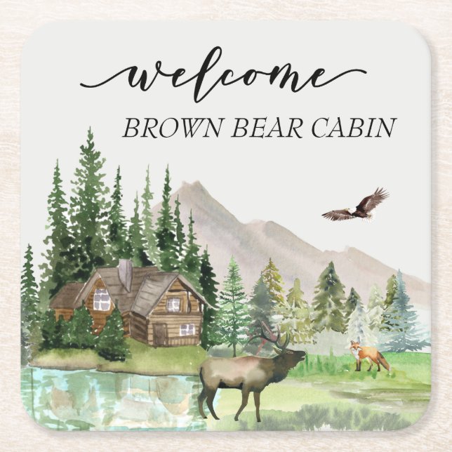 Welcome Watercolor Forest Cabin Zuhause Rental Rechteckiger Pappuntersetzer (Vorderseite)
