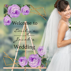 Welcome Wedding Gold Glitzer Geo Lila Floral Acrylschild