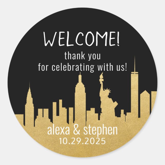 Welcome Wedding NYC Skyline New York City Gold Runder Aufkleber (Vorderseite)