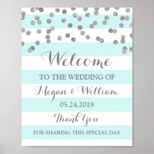 Welcome Wedding Sign Blue Streifen Silver Confetti Poster
