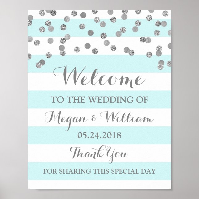 Welcome Wedding Sign Blue Streifen Silver Confetti Poster (Vorne)