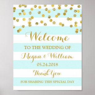 Welcome Wedding Sign Blue Stripes Gold Confetti Poster