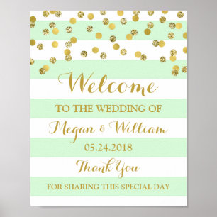 Welcome Wedding Sign Mint Stripes Gold Confetti Poster