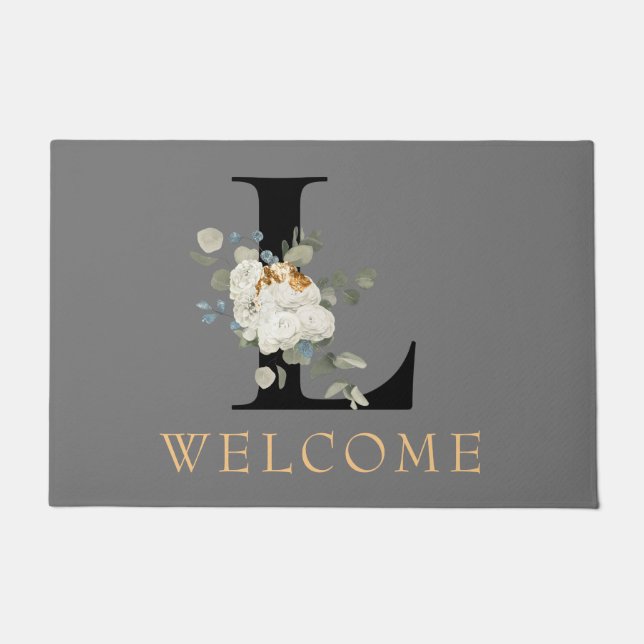 WELCOME White Floral Gold Accelerator Monogram L Fußmatte (Vorderseite)