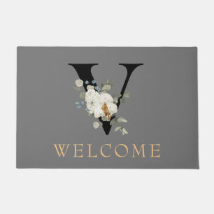 WELCOME White Floral Gold Accelerator Monogram V Fußmatte