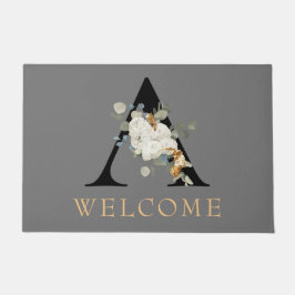 WELCOME White Floral Gold Akzente Monogramm A Fußmatte