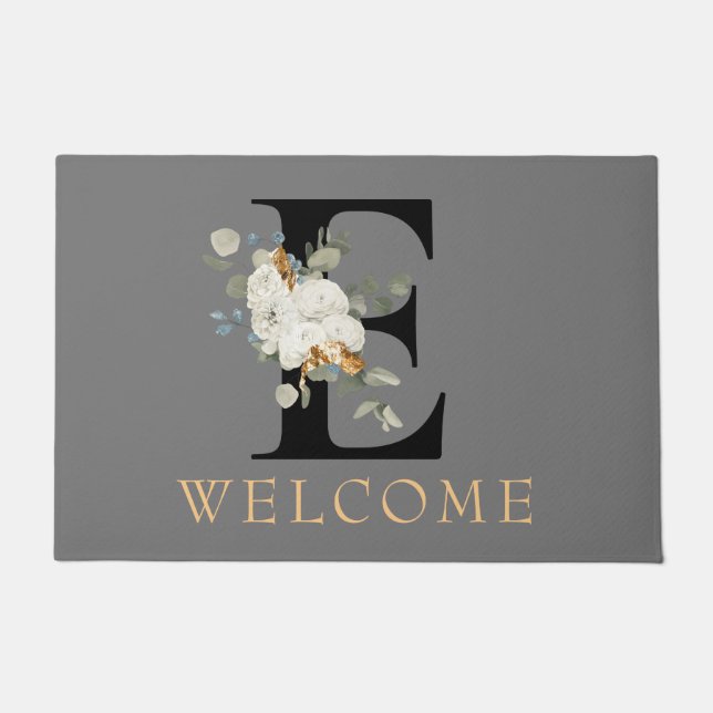 WELCOME White Floral Gold Akzente Monogramm E Fußmatte (Vorderseite)