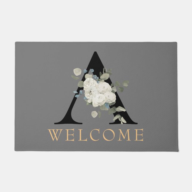 WELCOME White Floral Monogram A Doormat Fußmatte (Vorderseite)