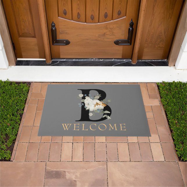 WELCOME White Floral Monogram B Doormat Fußmatte (Außenbereich)