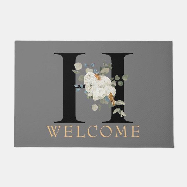 WELCOME White Floral Monogram H Doormat Fußmatte (Vorderseite)