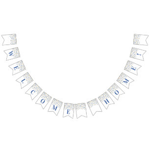 Welcome Zuhause Banner Blue Gold Confetti
