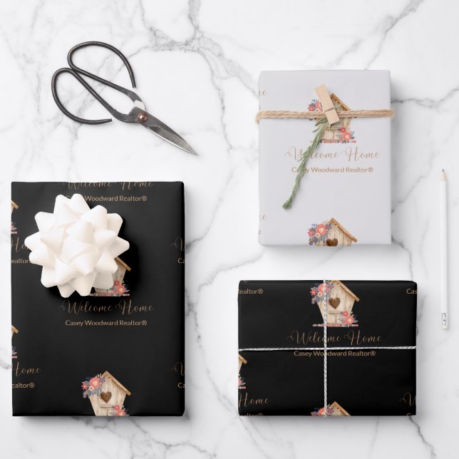 Welcome Zuhause Realtor Personalisiert in Schwarz  Geschenkpapier Set (Vorderseite)