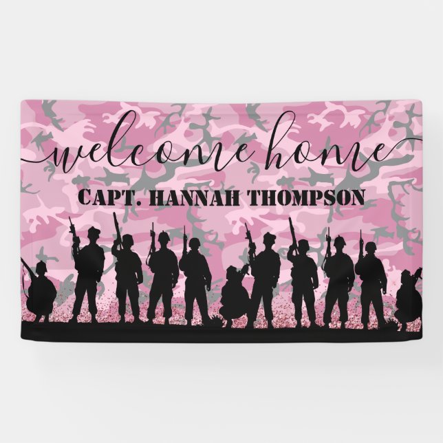 Welcome Zuhause Soldier | Militärische Rosa Girly Banner (Horizontal)