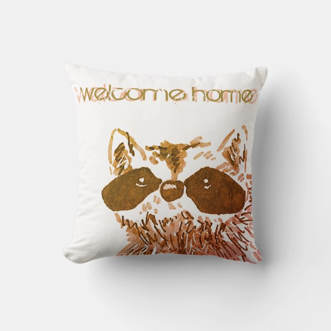 Welcome Zuhause Woodland Gold Raccoon Kissen (Vorderseite)