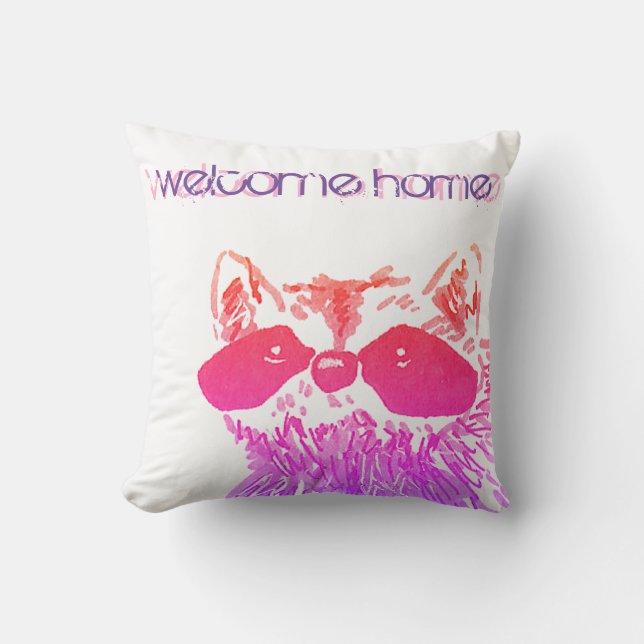 Welcome Zuhause Woodland Pink Raccoon Kissen (Vorderseite)