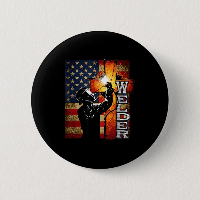 Welder American Flag Welding Faith Cross Christian Button (Vorderseite)