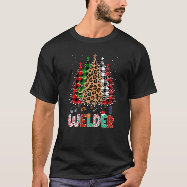 Welder Leopard Red White Green Plaid Christmas Tre T-Shirt (Vorderseite)
