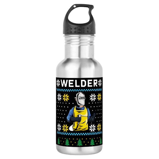 Welder Strick Ugly Christmas Sweater Geschenk Edelstahlflasche (Vorderseite)