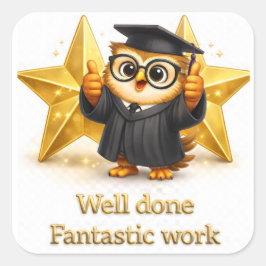Well done, fantastic work graduation owl three gol quadratischer aufkleber