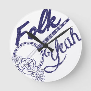 Wellcoda Folk Yeah Music Funny Banjo Rose Runde Wanduhr