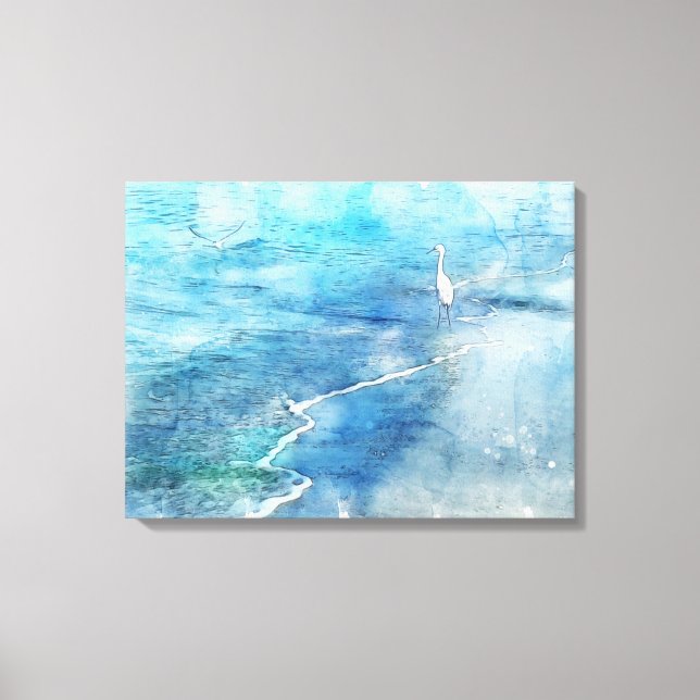 Wellen des weißen Egret des tropischen Küstenstran Leinwanddruck (Vorderseite)