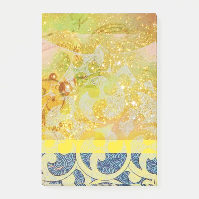 WELLEN / Hellgelbe blaue Wirbel in goldenen Glitze Post-it Klebezettel (Vorderseite)