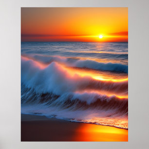Wellen im Meer mit Sonnenuntergang Poster