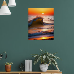 Wellen im Meer mit Sonnenuntergang Poster