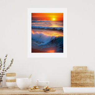 Wellen im Meer mit Sonnenuntergang Poster