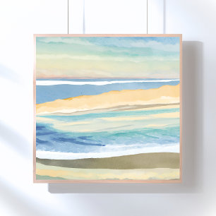 Wellen in Blau   Wasserfarben Strand am Ozean Poster