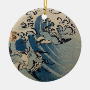 Wellen und Vögel, c.1825 (Farbewoodblock Druck) Keramik Ornament