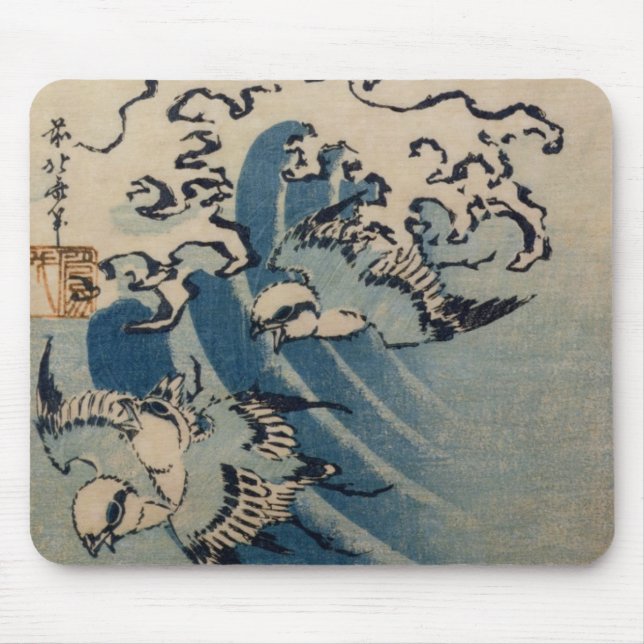 Wellen und Vögel, c.1825 (Farbewoodblock Druck) Mousepad (Vorne)