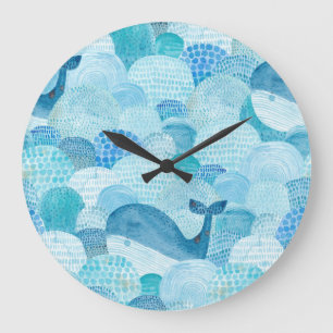 Wellen, Wale, kindische blaue Textur Große Wanduhr